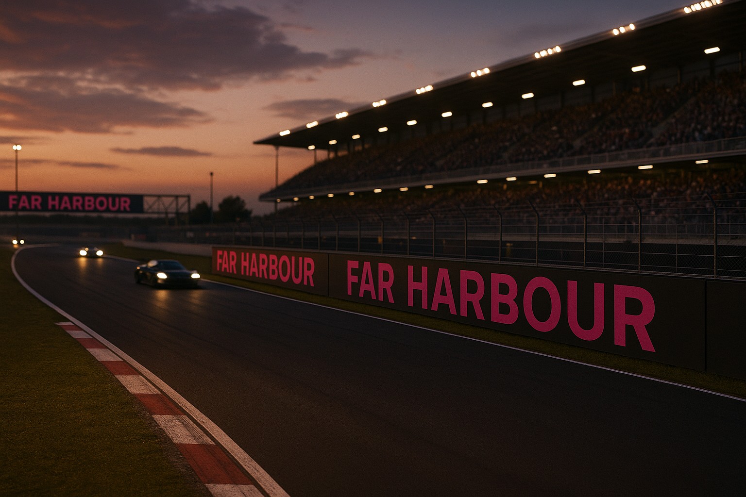 Racetrack at dusk with Far Harbour trackside banners